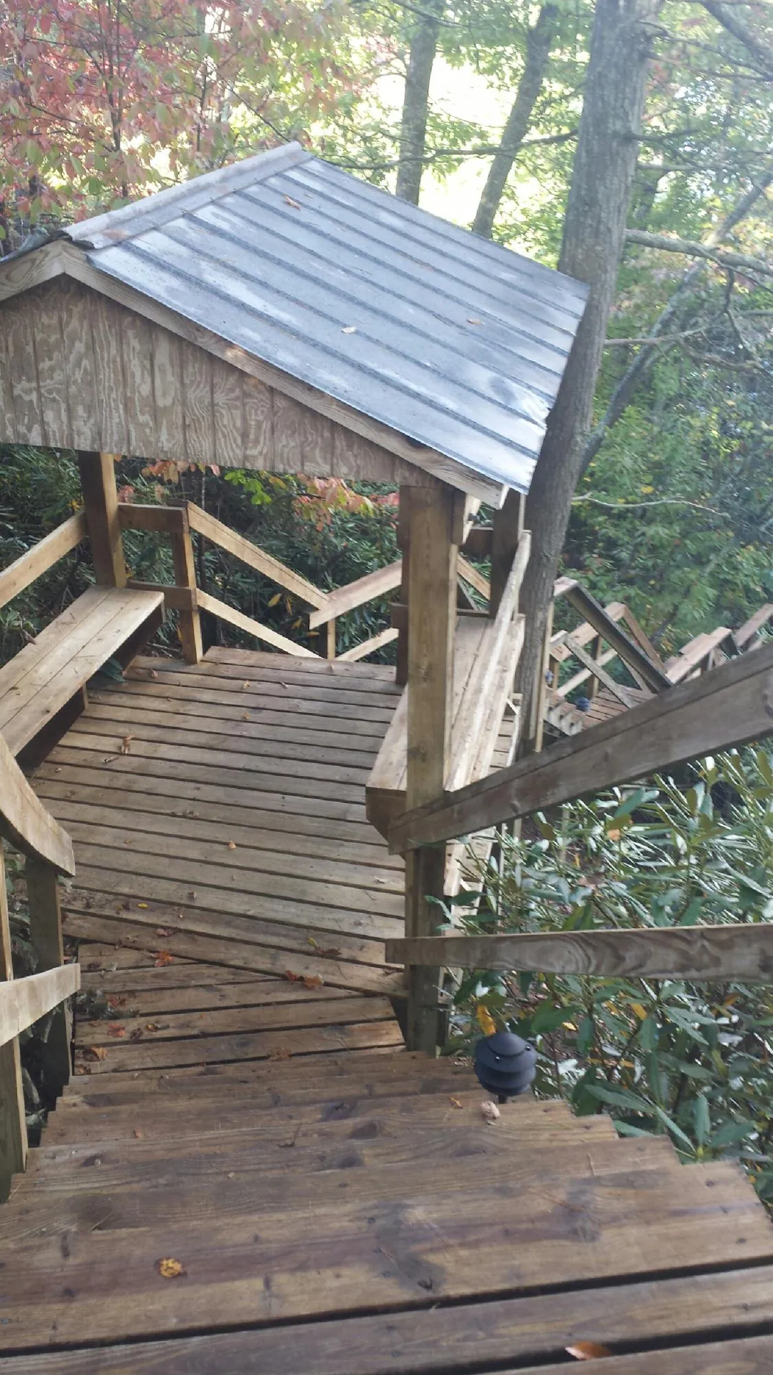 Metal roofed shelter over wooden steps on a wooded walkway — Skylight Repair & Installation work by our crew in Basile
